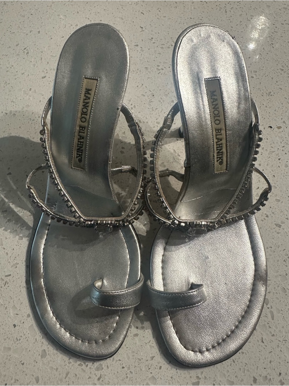 Vintage Manolo Blahnik Silver Crystal-Embellished Toe-Loop Sandal Heels 6.5